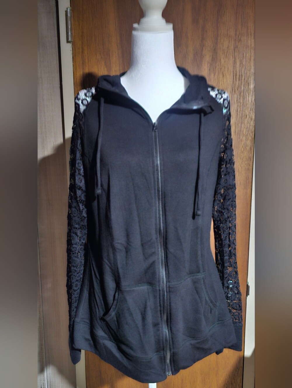 Torrid Black Zip Hoodie with Lace Sleeves